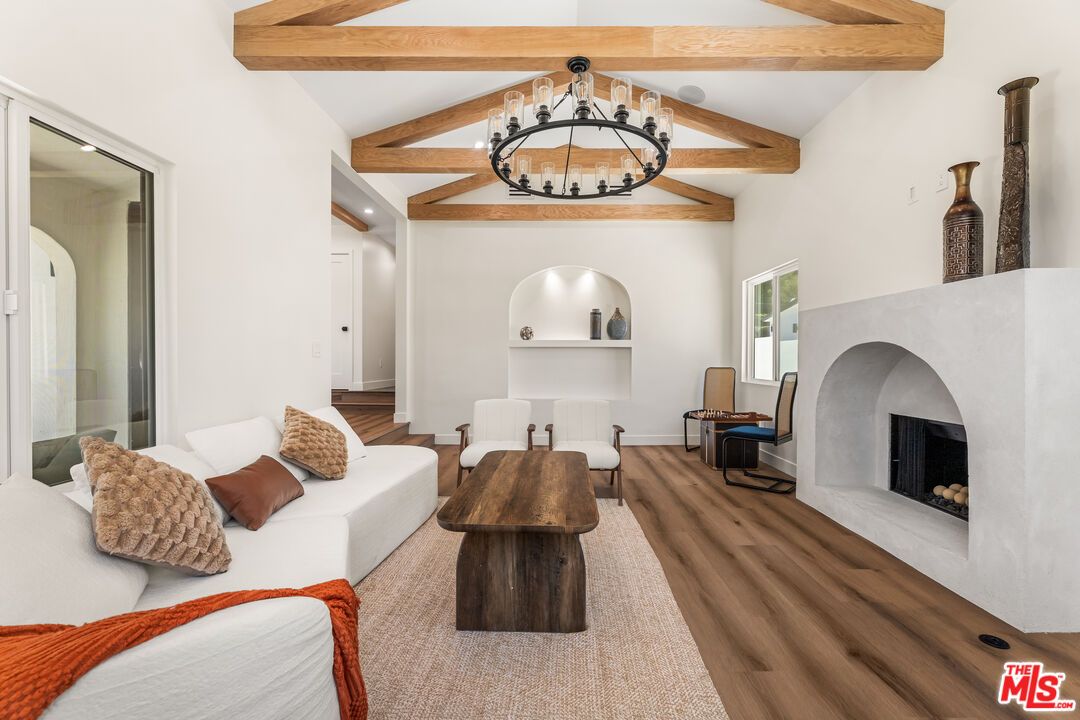 Chandelier, Fireplace, Interior, Living room, Pendant Lights, Wooden Beams, Wood Texture Flooring
