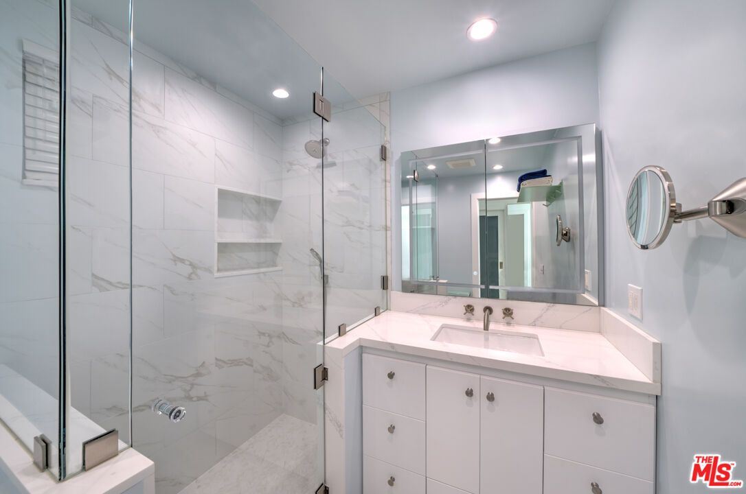Bathroom, Glass Shower, Interior, Marble Walls, Recessed Lighting