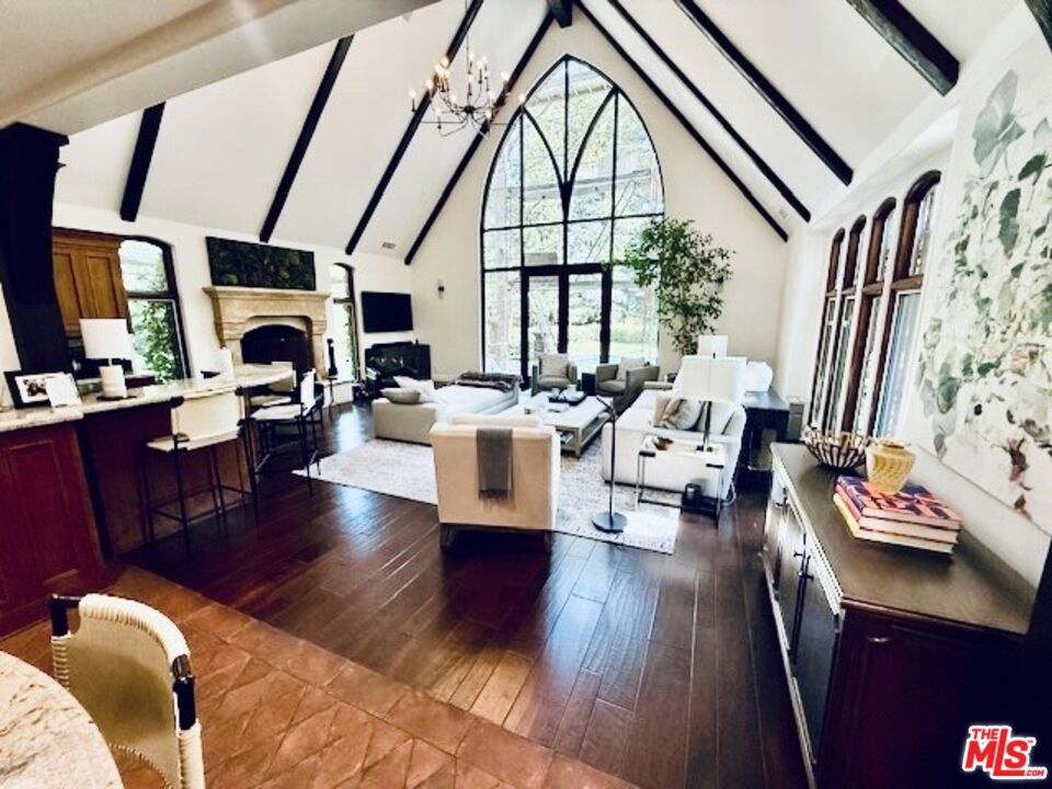 Chandelier, Fireplace, Interior, Living room, Wooden Beams, Wood Texture Flooring