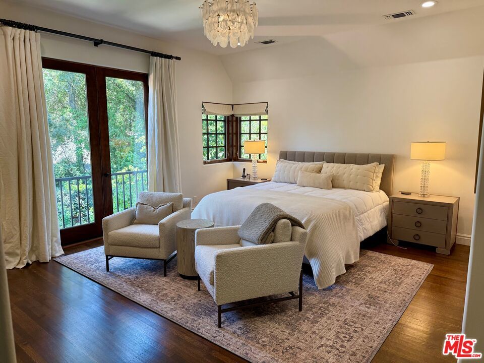 Bedroom, Chandelier, Interior, Recessed Lighting, Wood Texture Flooring