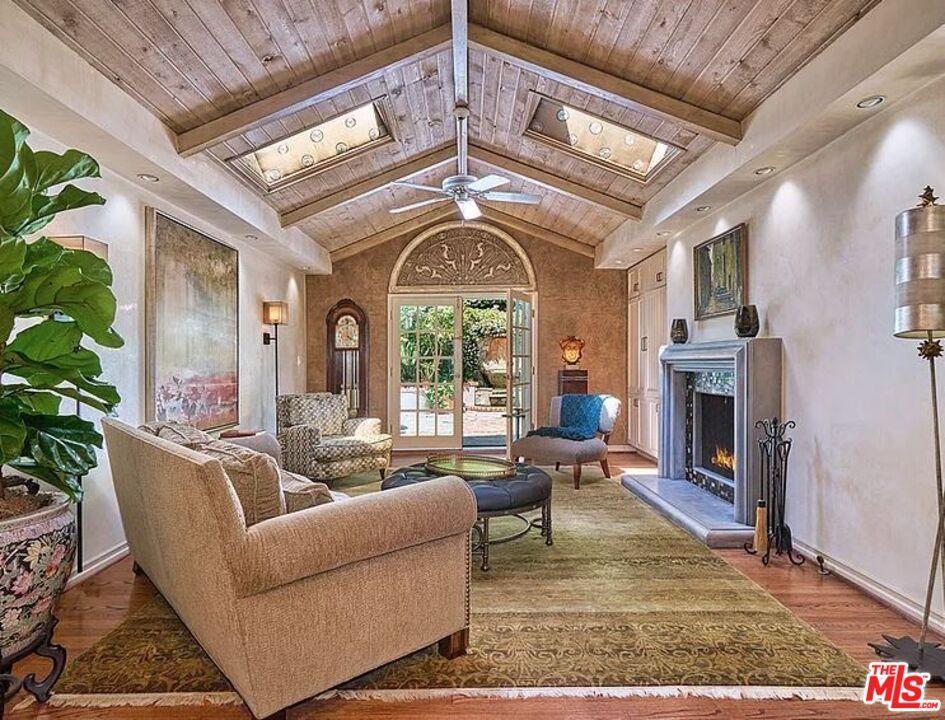 Fireplace, Interior, Living room, Recessed Lighting, Wooden Beams, Wooden Ceilings, Wood Texture Flooring