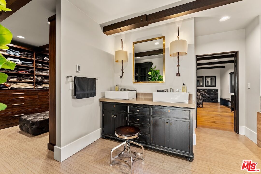 Bathroom, Dual Sink Vanities, Interior, Recessed Lighting, Wood Texture Flooring