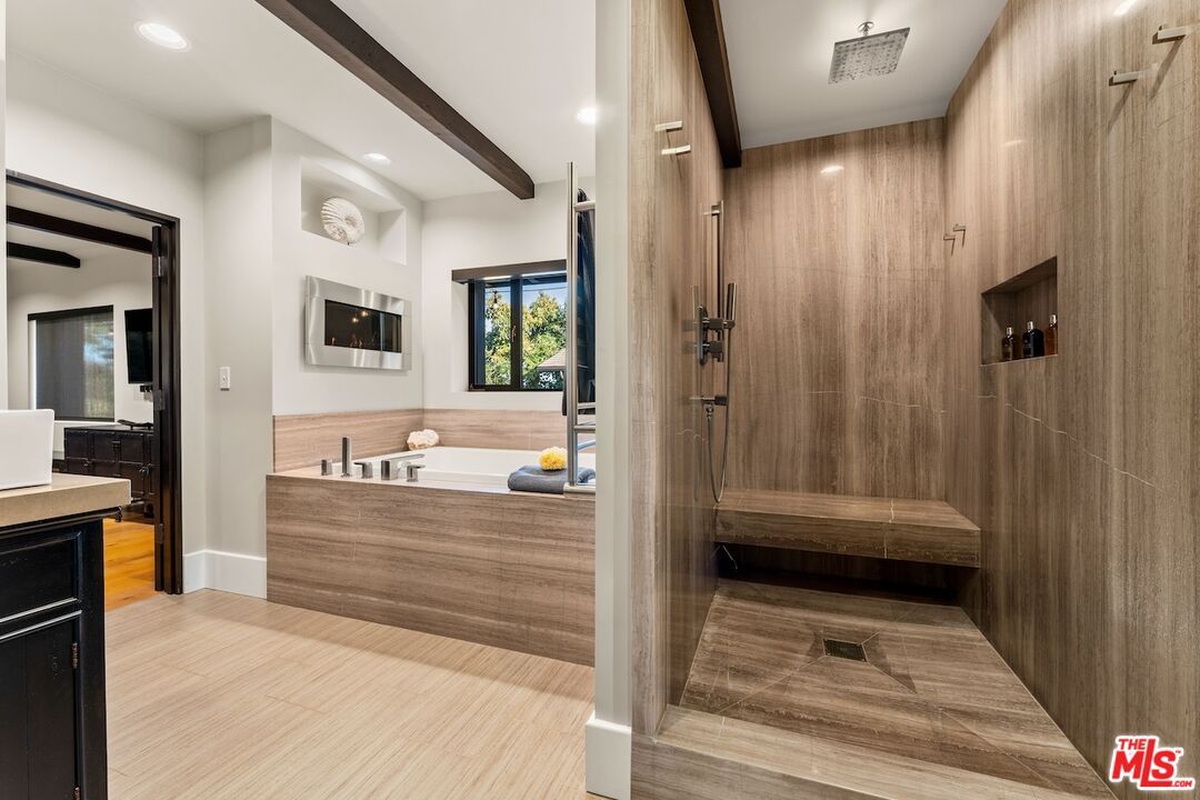 Bathroom, Glass Shower, Interior, Recessed Lighting, Wood Texture Flooring