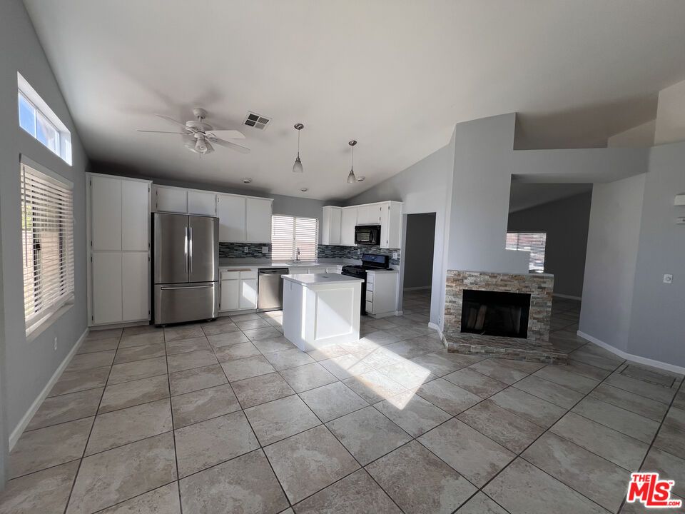 Fireplace, Interior, Kitchen, Pendant Lights, Stainless Steel Appliances