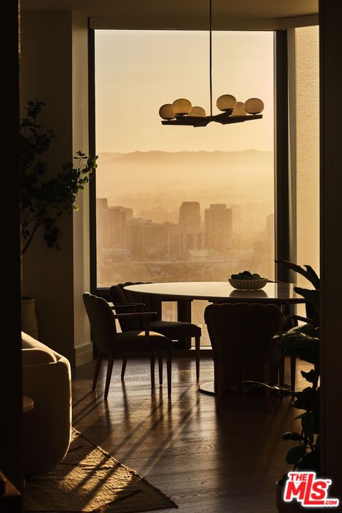 Dining room, Interior, Pendant Lights, Wood Texture Flooring