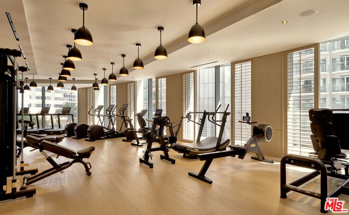 Fitness Equipment, Gym, Interior, Pendant Lights, Recessed Lighting, Wood Texture Flooring