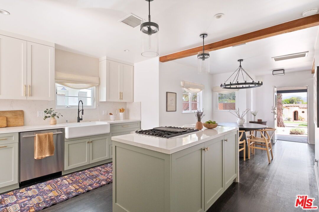 Dining room, Interior, Kitchen, Pendant Lights, Recessed Lighting, Stainless Steel Appliances, Wooden Beams, Wood Texture Flooring