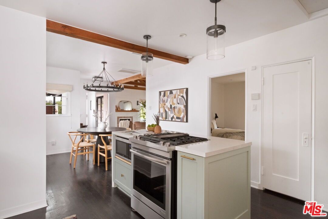 Dining room, Interior, Kitchen, Pendant Lights, Recessed Lighting, Stainless Steel Appliances, Wooden Beams, Wood Texture Flooring