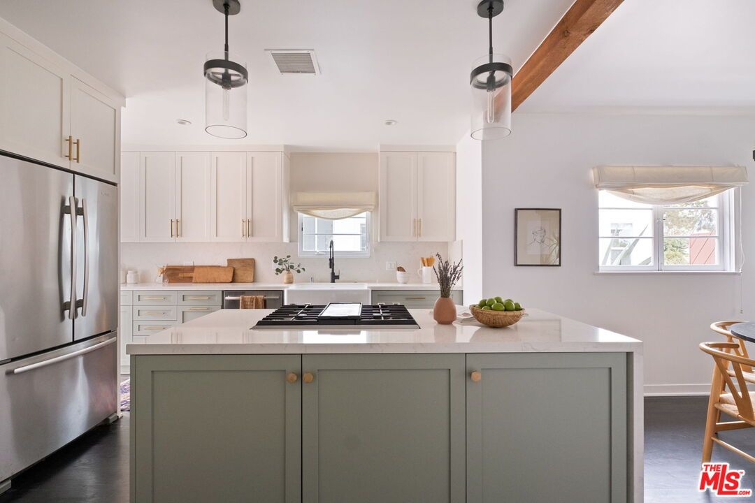 Interior, Kitchen, Pendant Lights, Recessed Lighting, Stainless Steel Appliances, Wooden Beams, Wood Texture Flooring