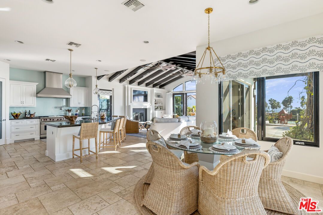 Dining room, Fireplace, Interior, Kitchen, Pendant Lights, Recessed Lighting, Stainless Steel Appliances, Wooden Beams
