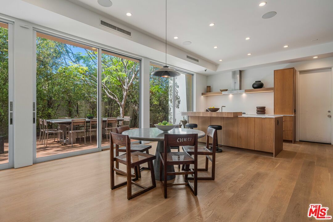 Dining room, Interior, Pendant Lights, Recessed Lighting, Wood Texture Flooring