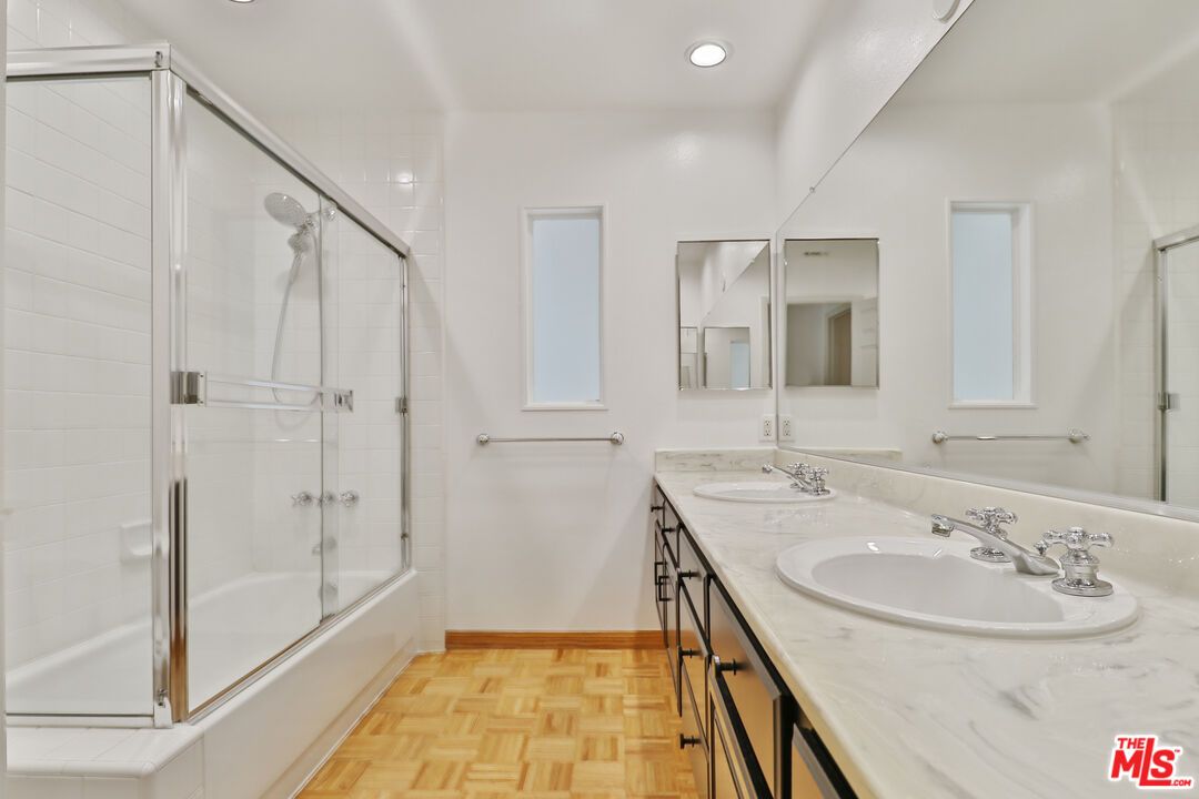 Bathroom, Dual Sink Vanities, Glass Shower, Interior, Recessed Lighting, Wood Texture Flooring
