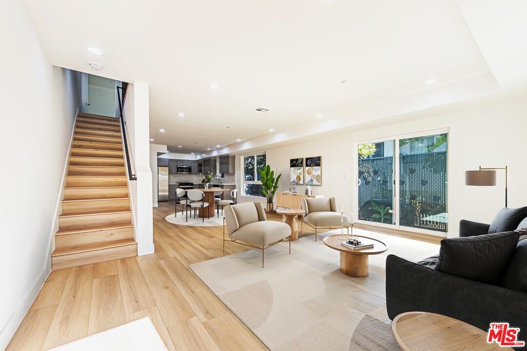 Dining room, Interior, Living room, Recessed Lighting, Wood Texture Flooring