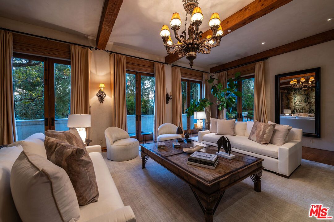 Chandelier, Interior, Living room, Recessed Lighting, Wooden Beams, Wood Texture Flooring