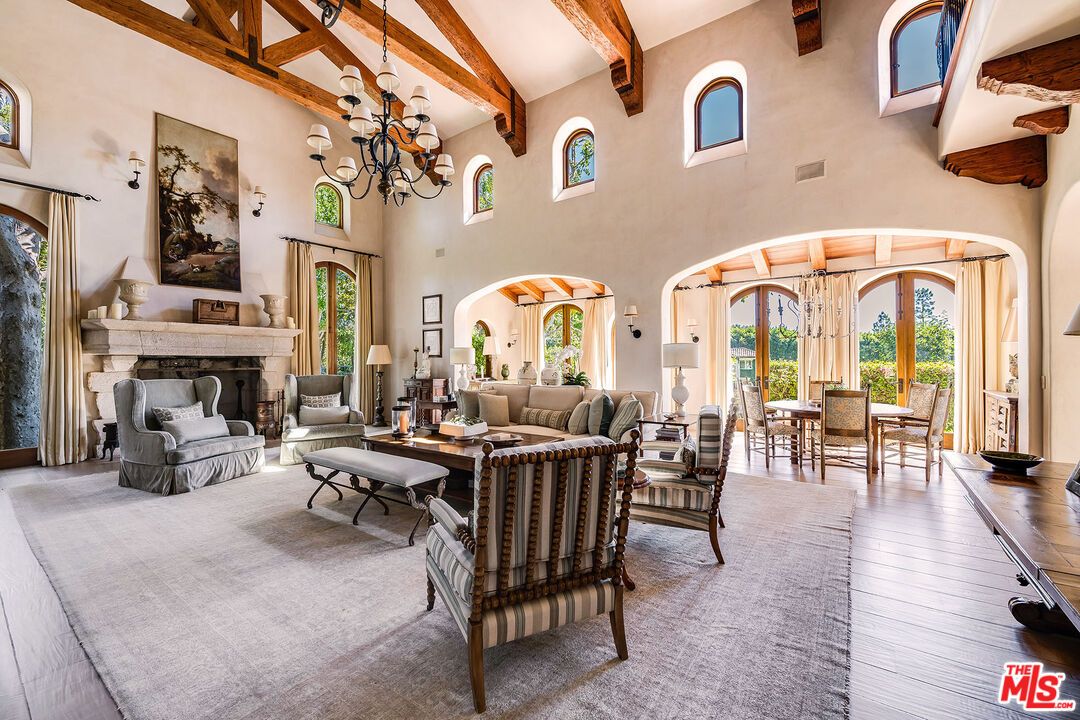 Chandelier, Dining room, Fireplace, Interior, Living room, Wooden Beams, Wood Texture Flooring
