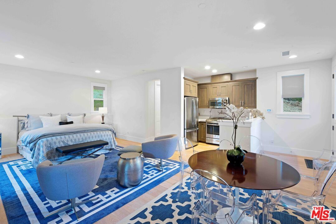 Bedroom, Interior, Kitchen, Recessed Lighting, Stainless Steel Appliances, Wood Texture Flooring