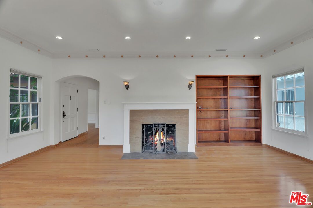 Empty room, Fireplace, Interior, Recessed Lighting, Wood Texture Flooring