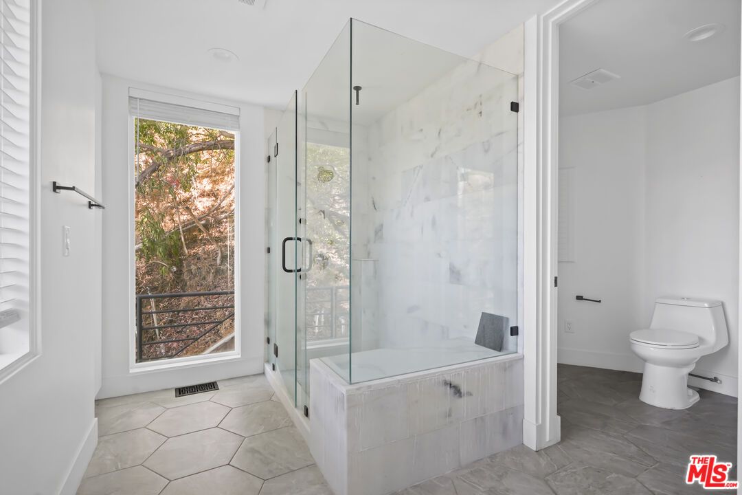 Bathroom, Glass Shower, Interior, Marble Walls, Recessed Lighting