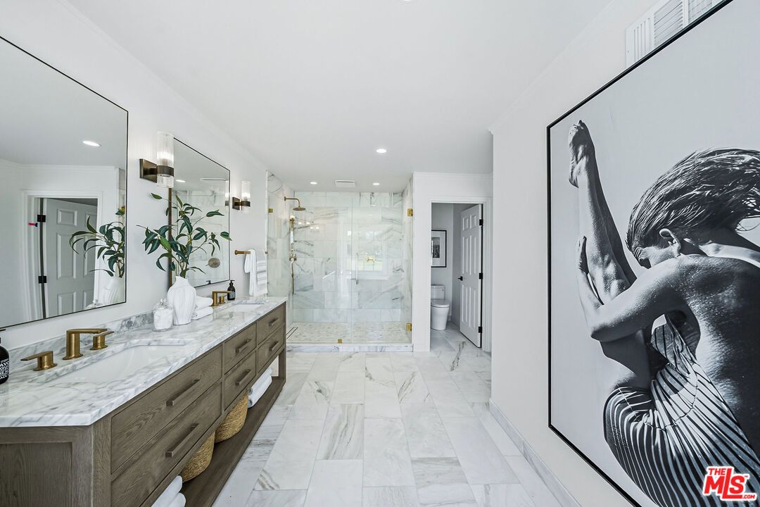Bathroom, Dual Sink Vanities, Glass Shower, Interior, Marble, Marble Walls, Recessed Lighting