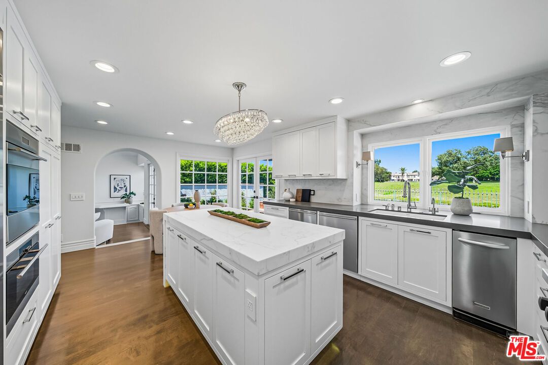Chandelier, Interior, Kitchen, Recessed Lighting, Stainless Steel Appliances, Wood Texture Flooring