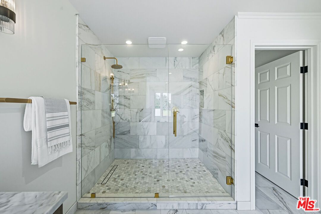 Bathroom, Glass Shower, Interior, Marble, Marble Walls, Recessed Lighting