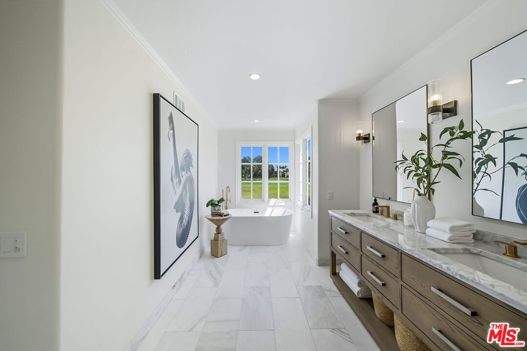 Bathroom, Dual Sink Vanities, Free Standing Baths, Interior, Marble, Recessed Lighting, Water