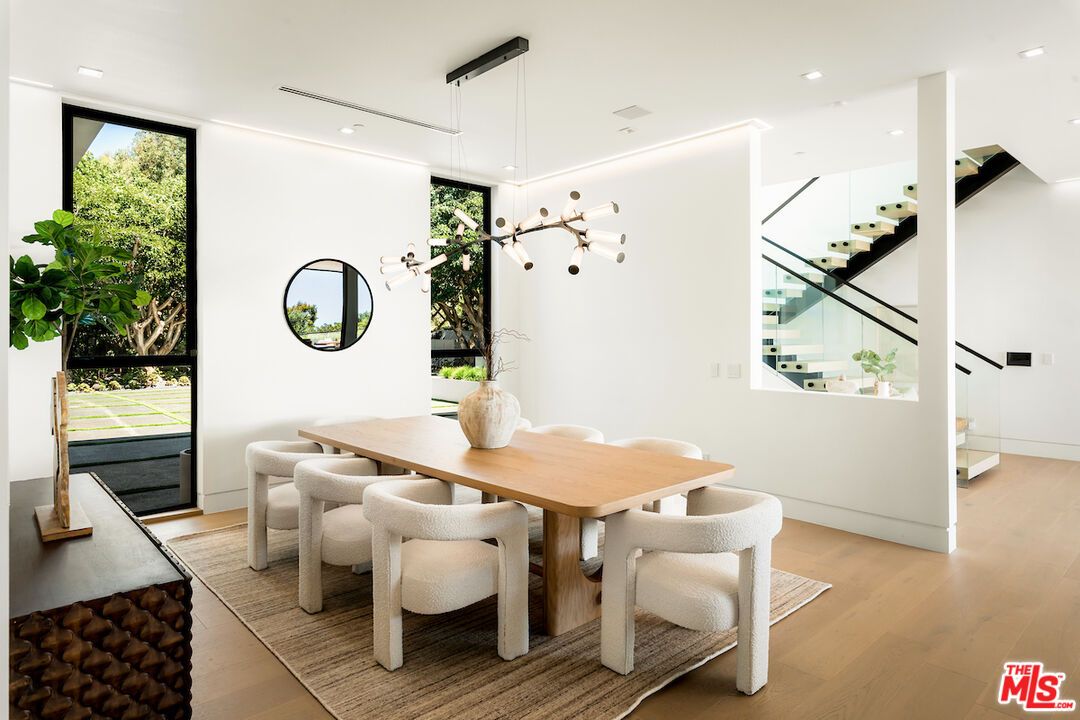 Dining room, Interior, Pendant Lights, Recessed Lighting, Wood Texture Flooring