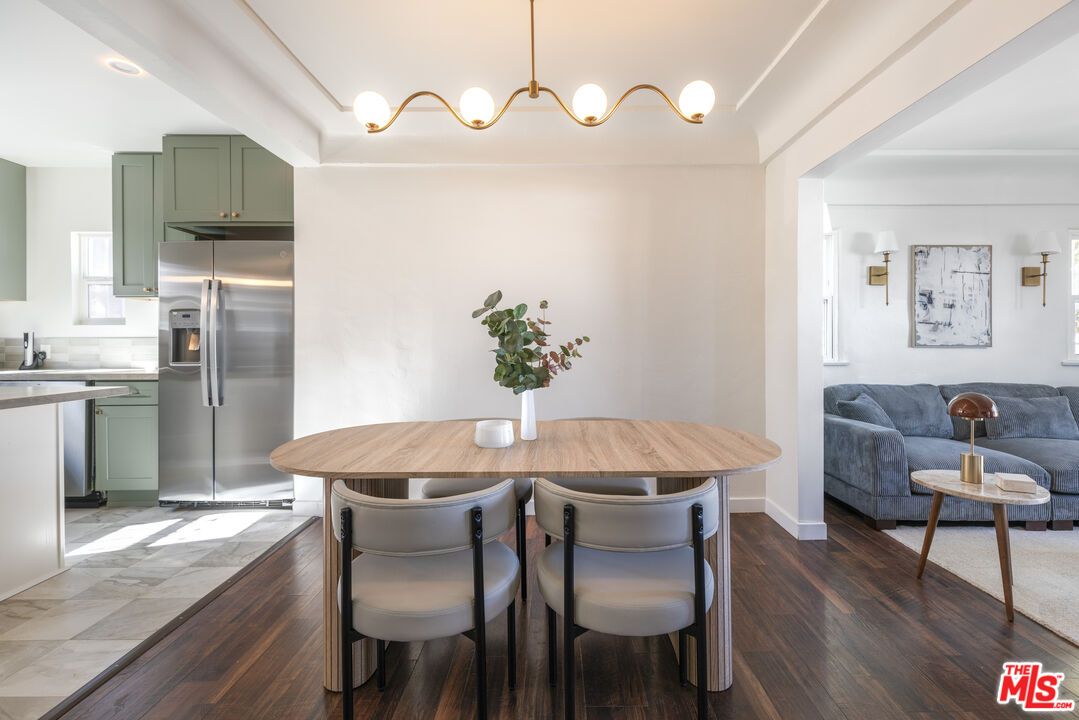 Chandelier, Dining room, Interior, Kitchen, Living room, Recessed Lighting, Stainless Steel Appliances, Wood Texture Flooring