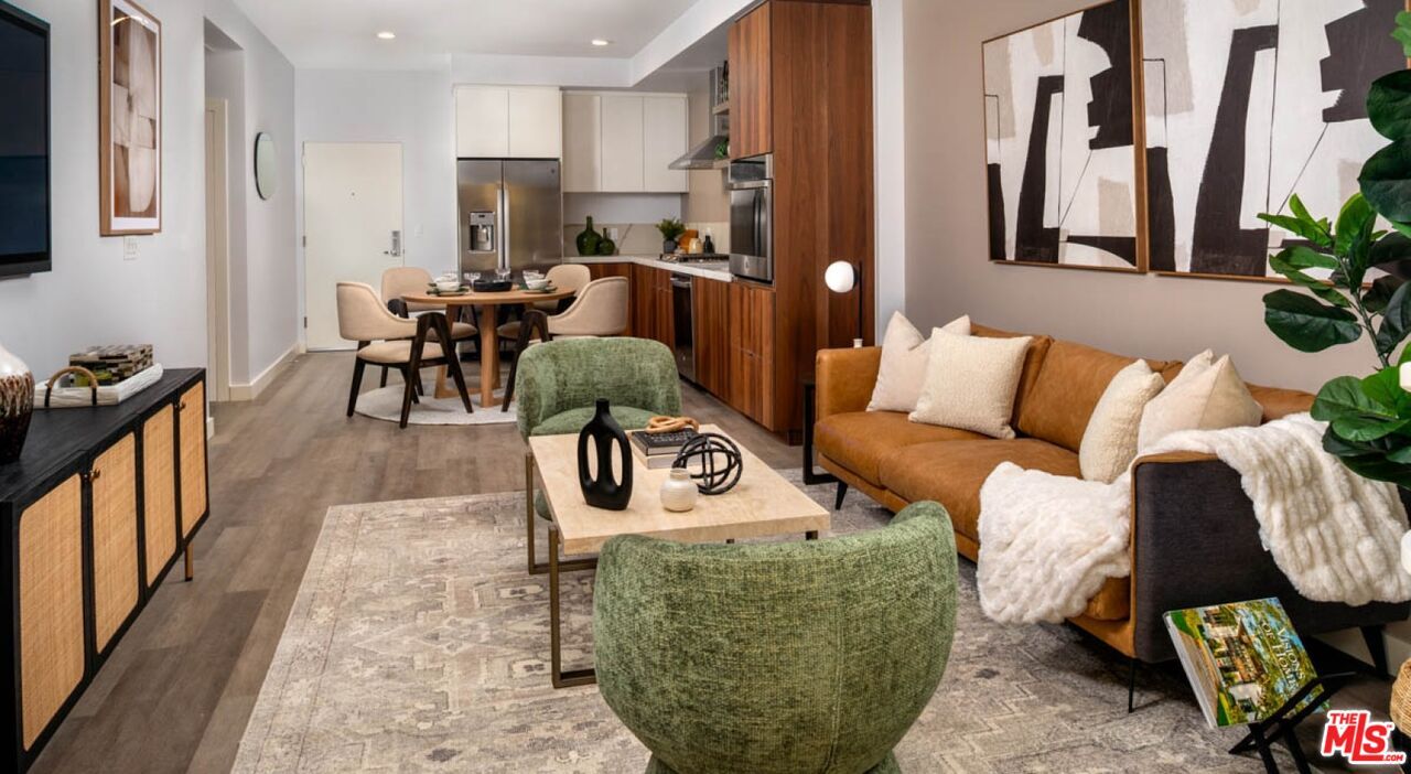 Dining room, Interior, Kitchen, Living room, Recessed Lighting, Stainless Steel Appliances, Wood Texture Flooring