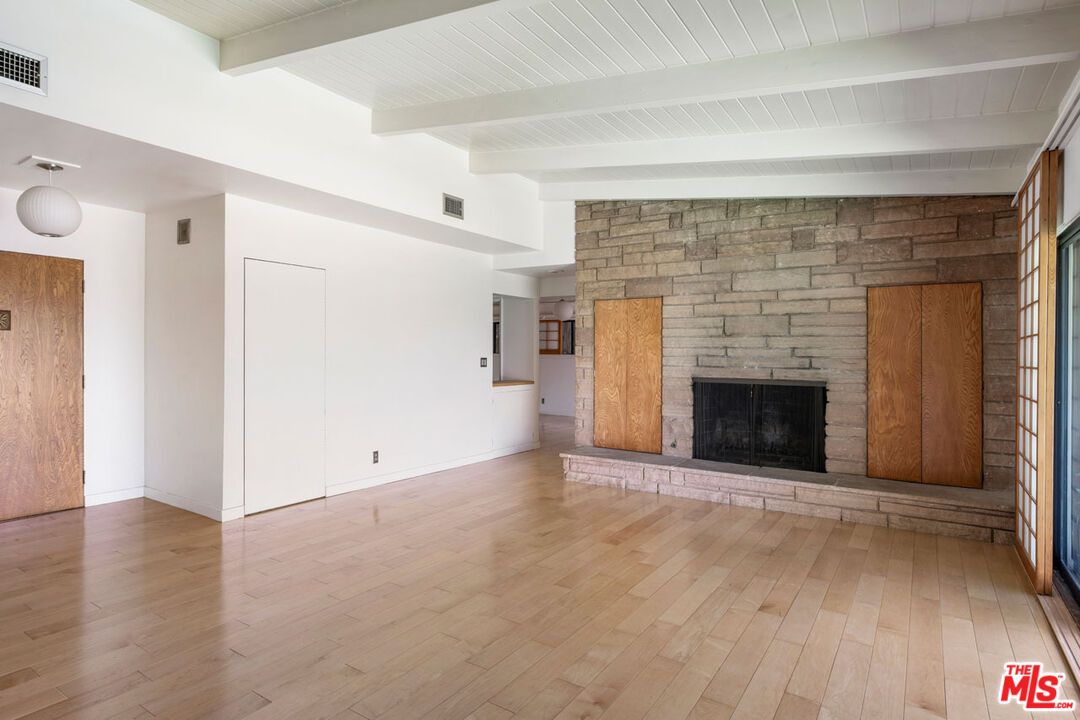 Empty room, Fireplace, Interior, Stone Walls, Wood Texture Flooring