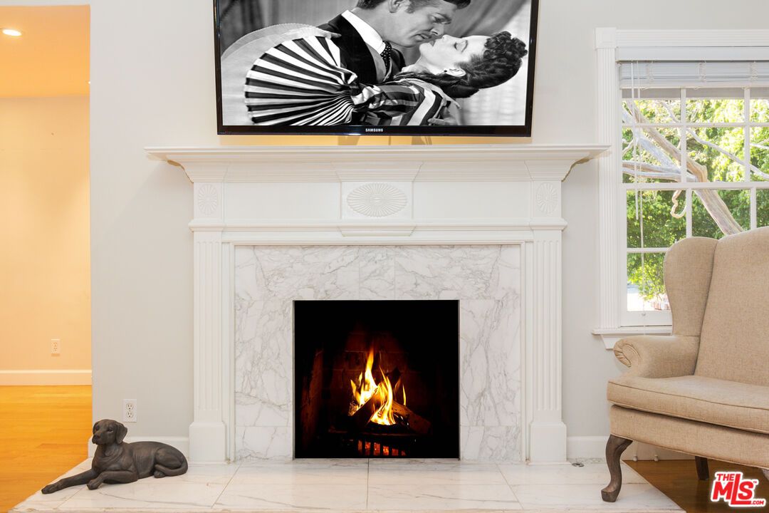 Fireplace, Interior, Marble, Recessed Lighting, Wood Texture Flooring