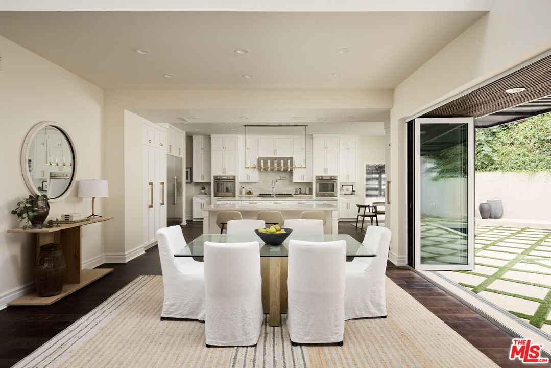 Dining room, Interior, Kitchen, Recessed Lighting, Stainless Steel Appliances, Wood Texture Flooring