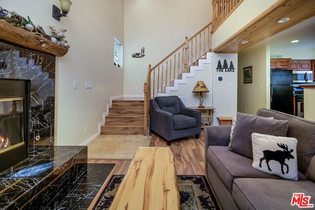 Fireplace, Interior, Kitchen, Living room, Recessed Lighting, Wood Texture Flooring