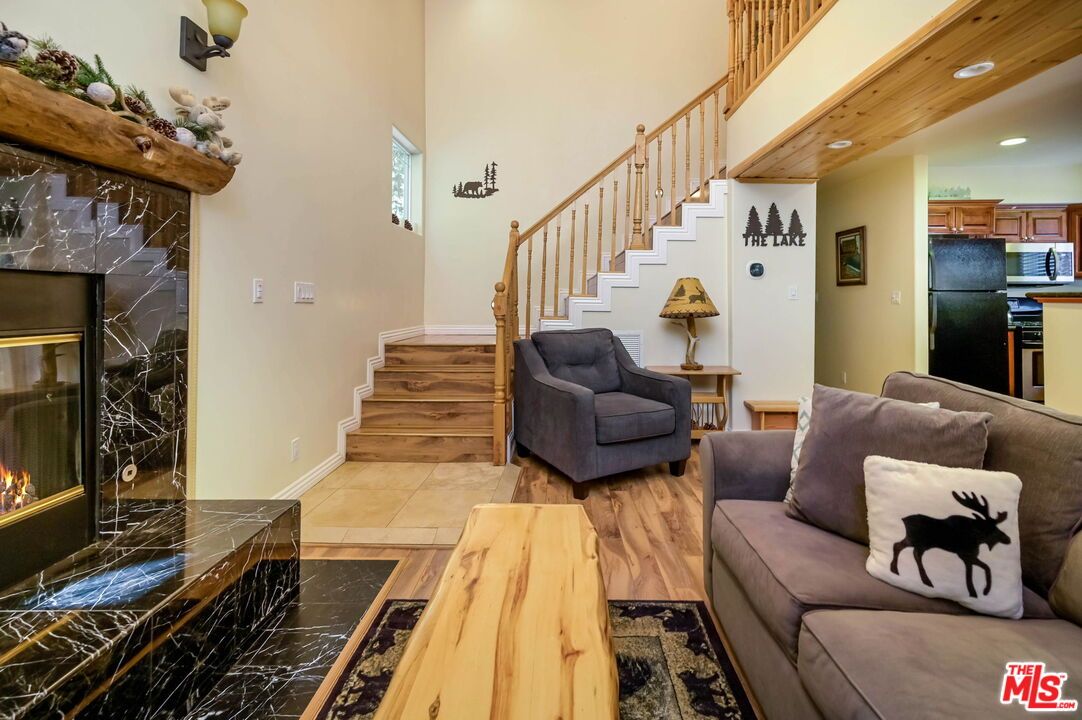 Fireplace, Interior, Kitchen, Living room, Recessed Lighting, Wood Texture Flooring