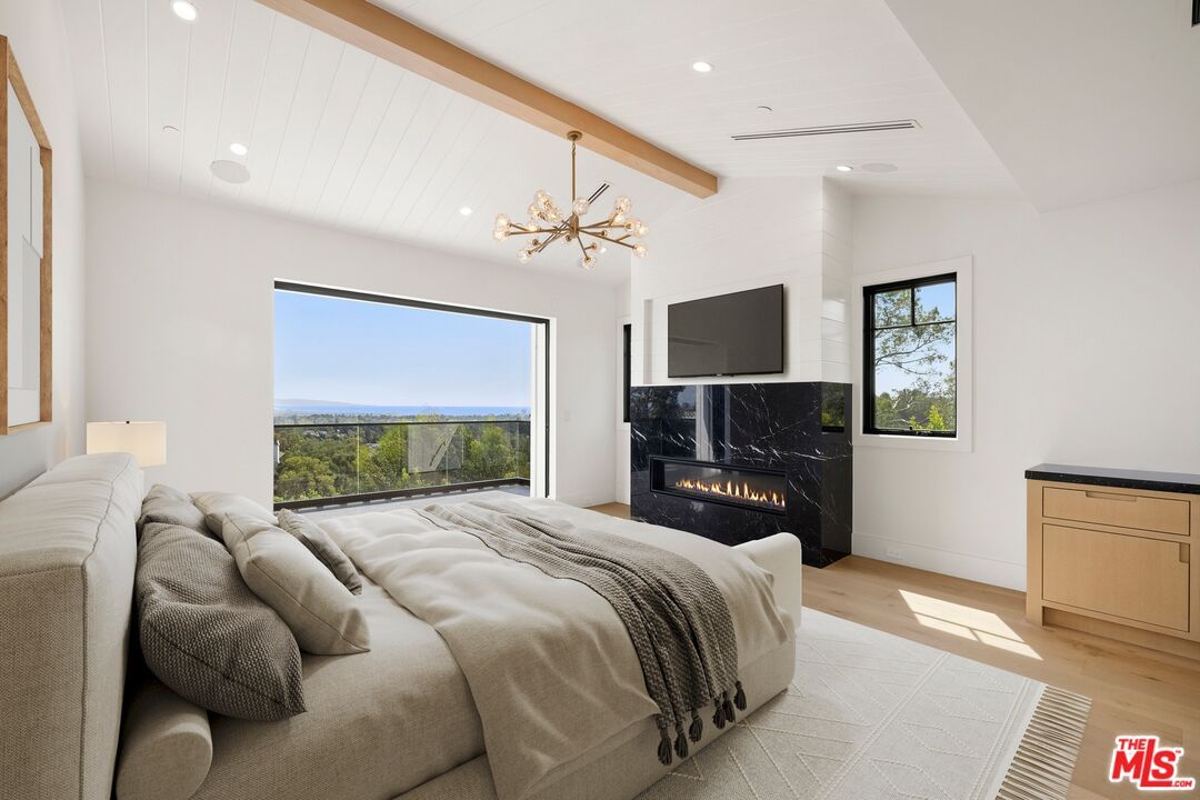 Bedroom, Fireplace, Interior, Pendant Lights, Recessed Lighting, Wooden Beams, Wood Texture Flooring