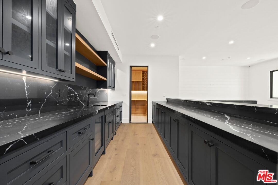Interior, Kitchen, Marble Walls, Recessed Lighting, Wood Texture Flooring