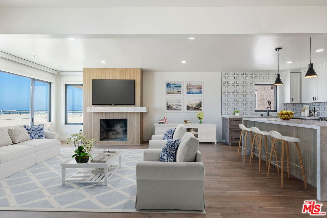 Fireplace, Interior, Kitchen, Living room, Pendant Lights, Recessed Lighting, Wood Texture Flooring