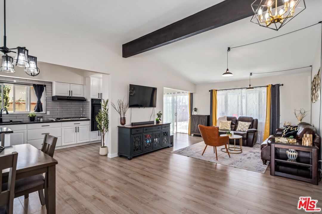 Dining room, Interior, Kitchen, Living room, Pendant Lights, Wooden Beams, Wood Texture Flooring