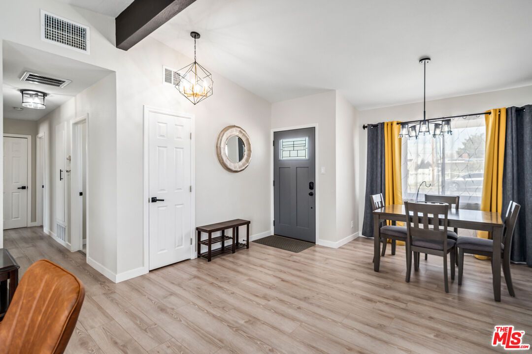 Dining room, Interior, Pendant Lights, Wooden Beams, Wood Texture Flooring