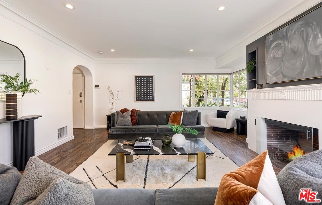 Fireplace, Interior, Living room, Recessed Lighting, Wood Texture Flooring