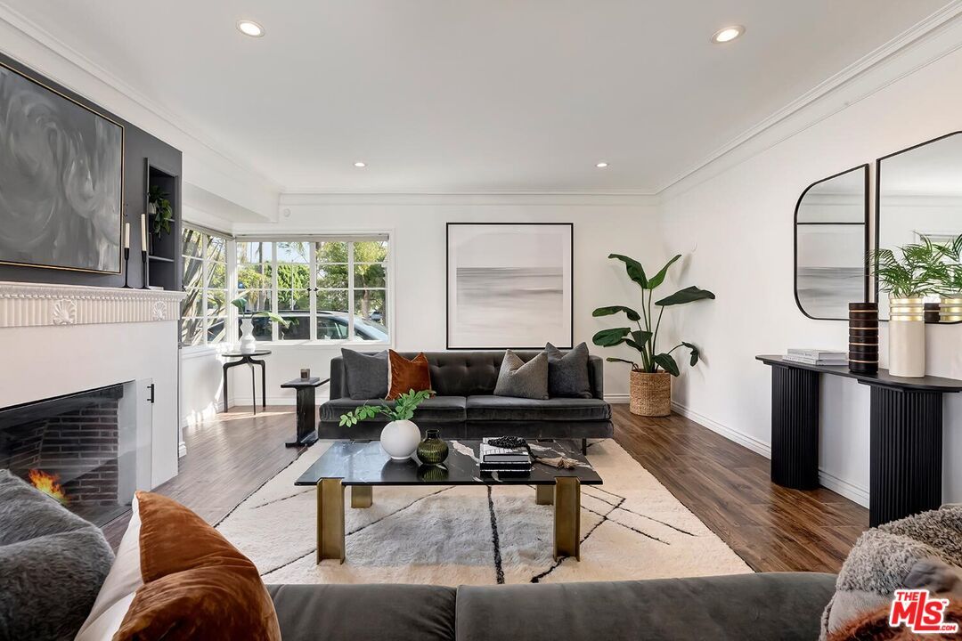 Fireplace, Interior, Living room, Recessed Lighting, Wood Texture Flooring