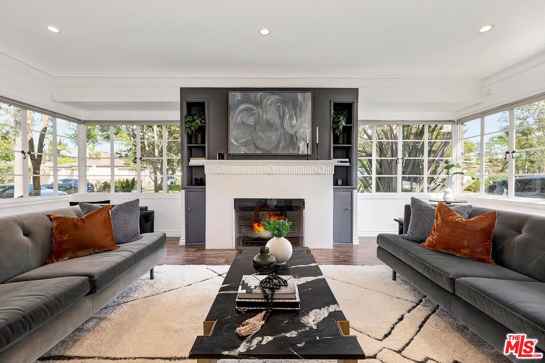 Fireplace, Interior, Living room, Recessed Lighting, Wood Texture Flooring