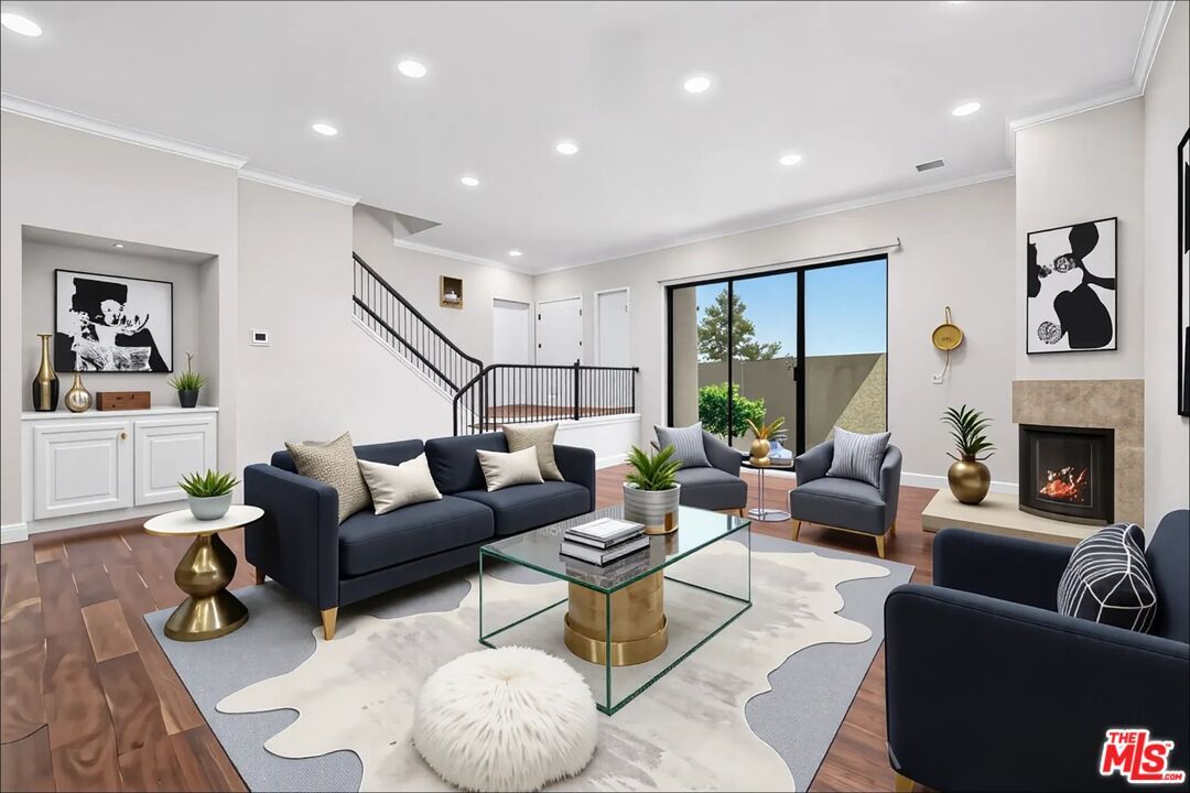 Fireplace, Interior, Living room, Recessed Lighting, Wood Texture Flooring