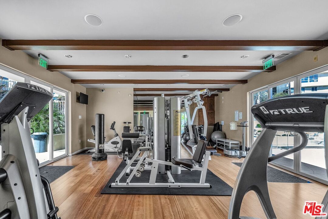 Fitness Equipment, Gym, Interior, Recessed Lighting, Wood Texture Flooring