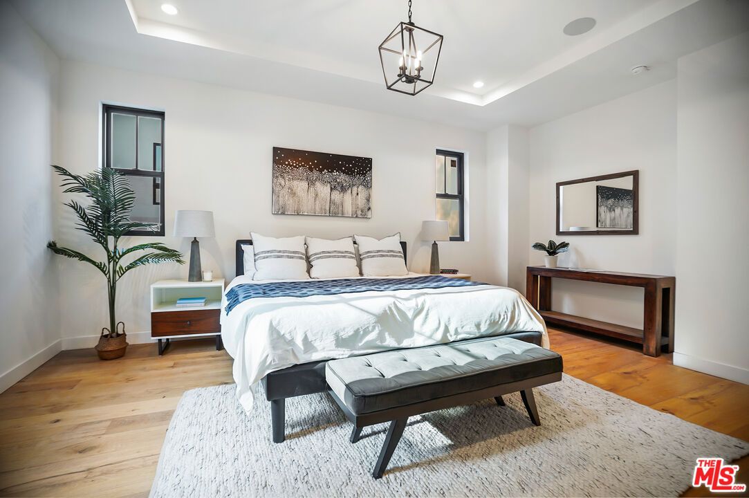 Bedroom, Interior, Pendant Lights, Recessed Lighting, Wood Texture Flooring