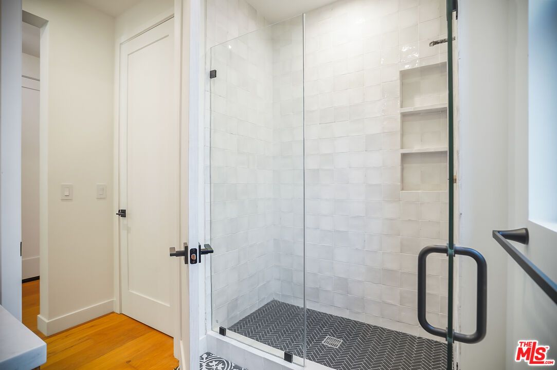 Bathroom, Glass Shower, Interior, Recessed Lighting, Wood Texture Flooring