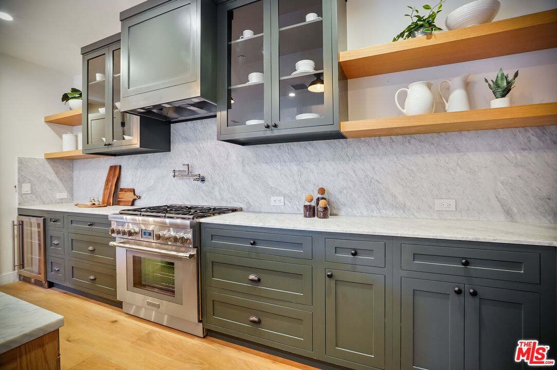 Interior, Kitchen, Marble Walls, Stainless Steel Appliances, Wood Texture Flooring