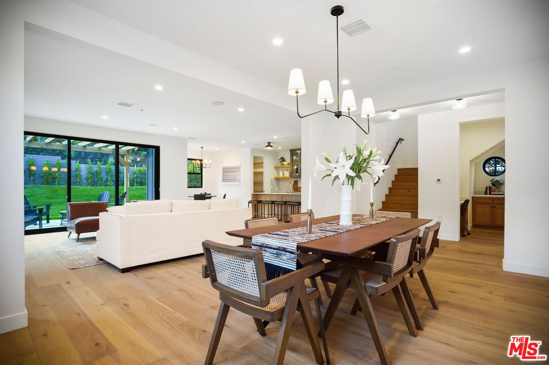 Dining room, Interior, Living room, Pendant Lights, Recessed Lighting, Wood Texture Flooring