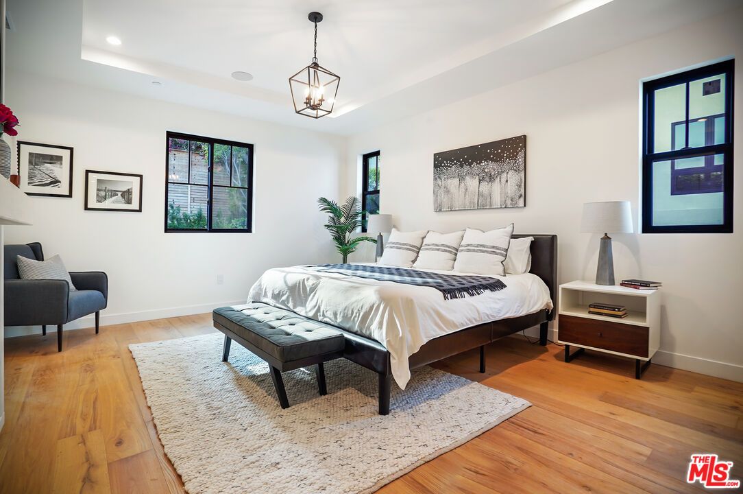 Bedroom, Interior, Pendant Lights, Recessed Lighting, Wood Texture Flooring