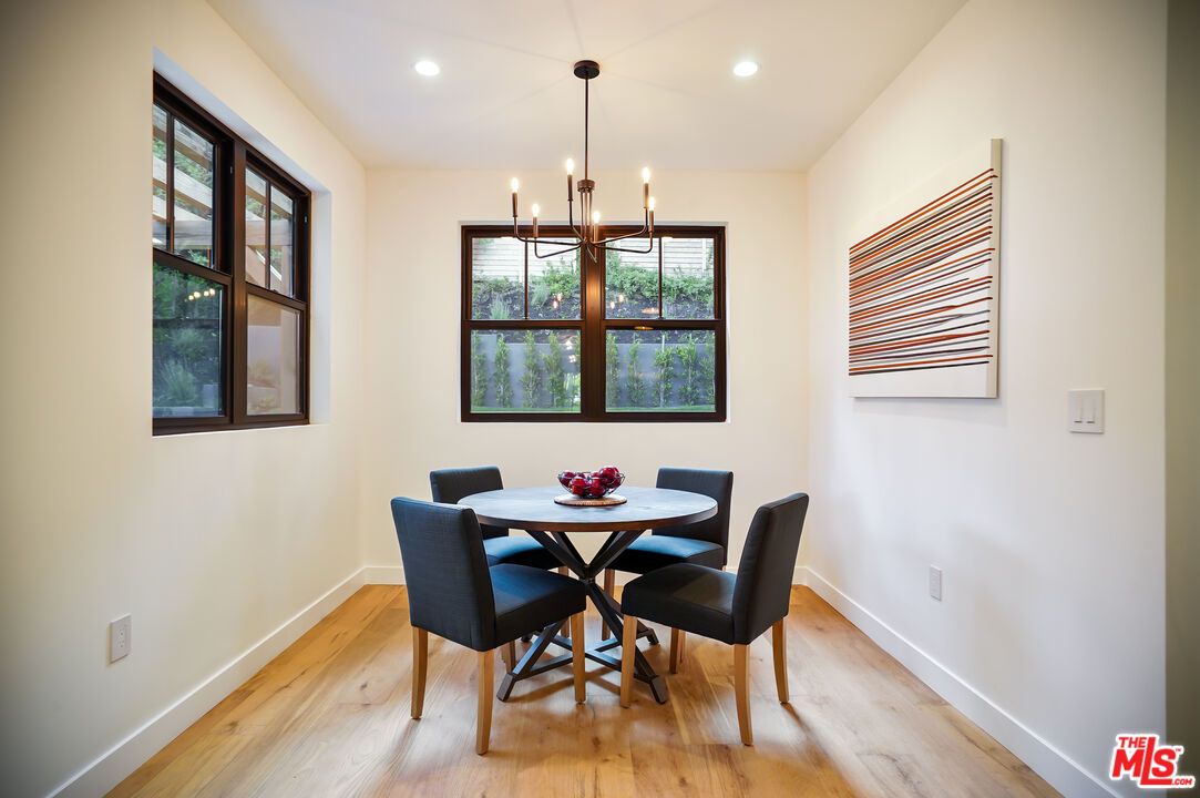 Dining room, Interior, Pendant Lights, Recessed Lighting, Wood Texture Flooring